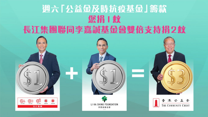 公衆致電熱線捐1元，長江集團聯同李嘉誠基金會雙倍支持捐2元。
