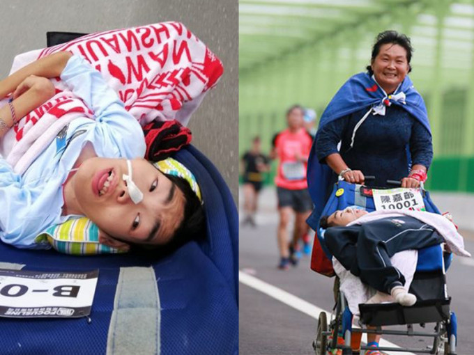 台灣單親媽媽帶腦癱兒跑過134場馬拉松。(網圖)