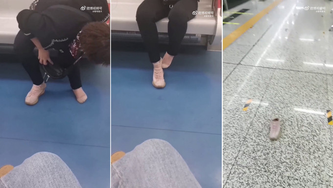女子脫鞋躺地鐵座椅鞋被乘客踢落車。