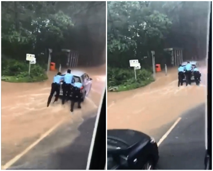 3名警員協力推走私家車。天元合一fb片段截圖