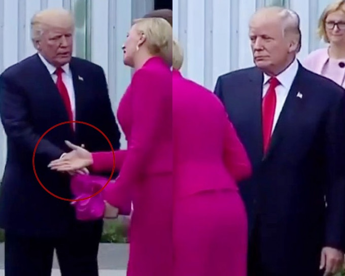 波蘭第一夫人無視握手，特朗普「食檸檬」嚇到呆晒。影片截圖