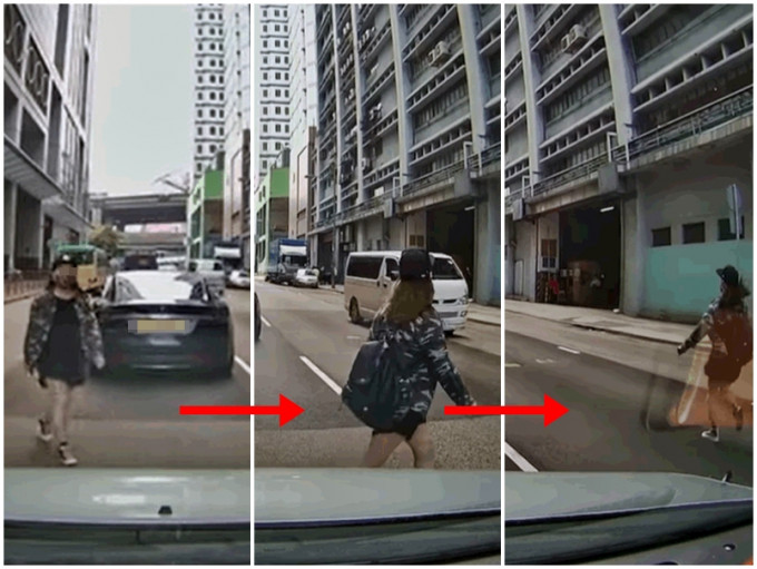 葵涌永得利廣場對開馬路，一名女子在車與車之間橫衝直撞。影片截圖
