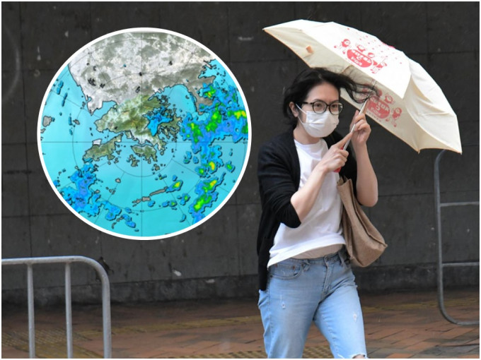 天文台指骤雨持续影响香港以东海域，并在未来一两小时移向本港。小图为天文台图片