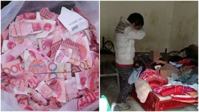 婦人發現人民幣被撕碎後，失聲痛哭。互聯網圖片