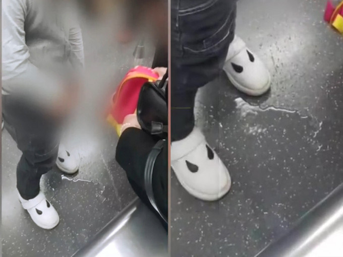 武汉一名男童在地铁车厢当众小便，其母亲在旁视而不见。（网图）