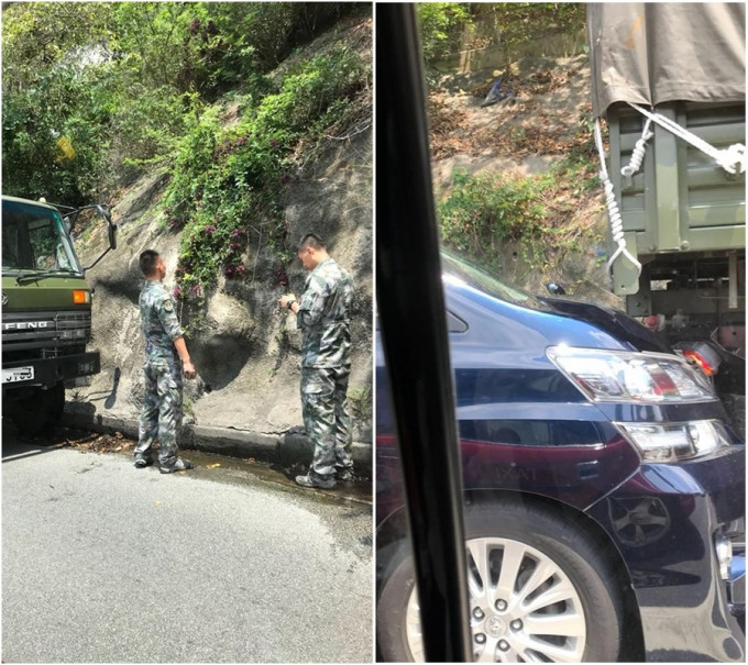 淺水灣道七人車撞解放軍軍車。網民Joe Leung‎圖片