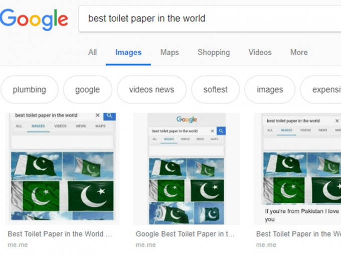 搜尋欄輸入「best toilet paper in the world」時，彈出來的搜尋結果是綠白色的巴基斯坦國旗。網圖