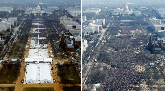 有传媒指出席特朗普就职典礼的群众（左）较09年奥巴马就职人数（右）为少，遭白宫质疑。路透社