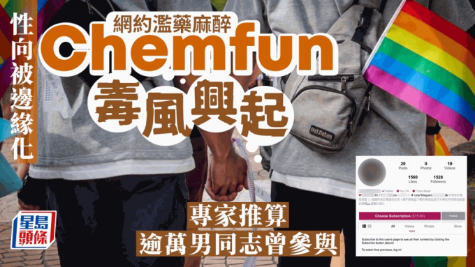 毒品性爱（Chemfun）的现象陆续浮面，不少男同志利用交友应用程式邀约Chemfun。