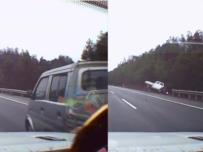 越野車司機高速公路瞌眼瞓，與小貨車擦撞，導致其衝出護欄。(網圖)