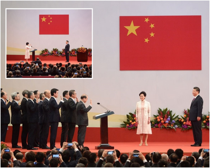 林郑月娥宣誓就任行政长官（小图）。张建宗带领主要官员宣誓就任。