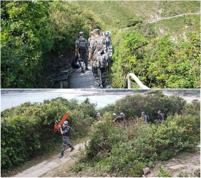 解放軍官兵協助清理樹枝。香港行山遠足之友圖片
