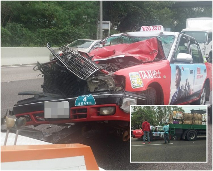 的士車頭嚴重損毀。蔡楚輝攝／圖：網民Kelson Fong‎