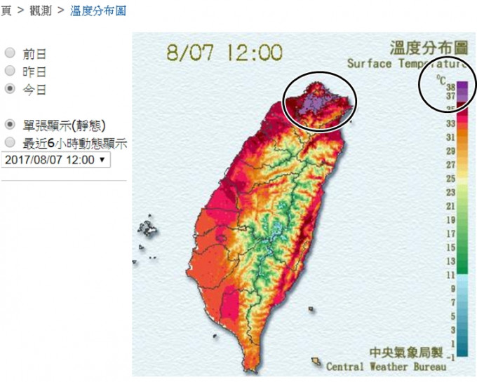 台北温度飙升至38度（圈内示）。网图