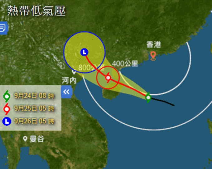 该热带低气压会在今日将于香港之西南约300公里外掠过。图:天文台