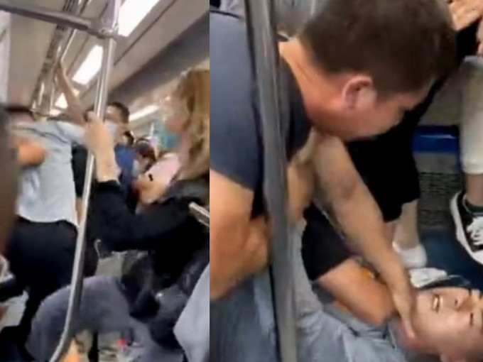 北京地铁日前4名乘客打斗互殴。（片段截图）