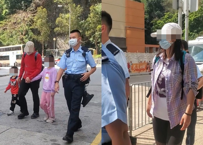 白田邨两名儿童(左一、左三)疑被独留在家，母亲(右)被警员带走调查。