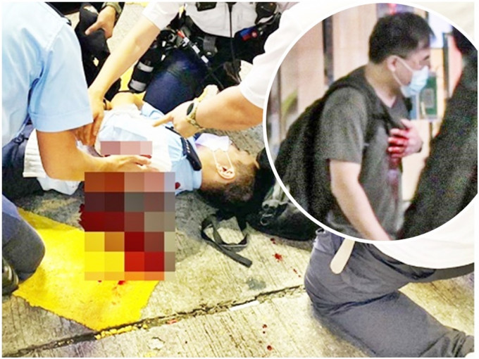 梁健辉（小图）持刀袭警后以凶刀插胸膛自杀身亡。资料图片