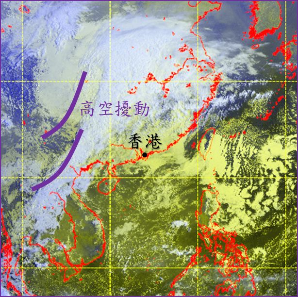 4月7日上午8时的卫星图像(由日本气象厅的向日葵8号卫星拍摄)显示与高空扰动相关的云带覆盖广西，而广东沿岸的云层则较薄。天文台图片