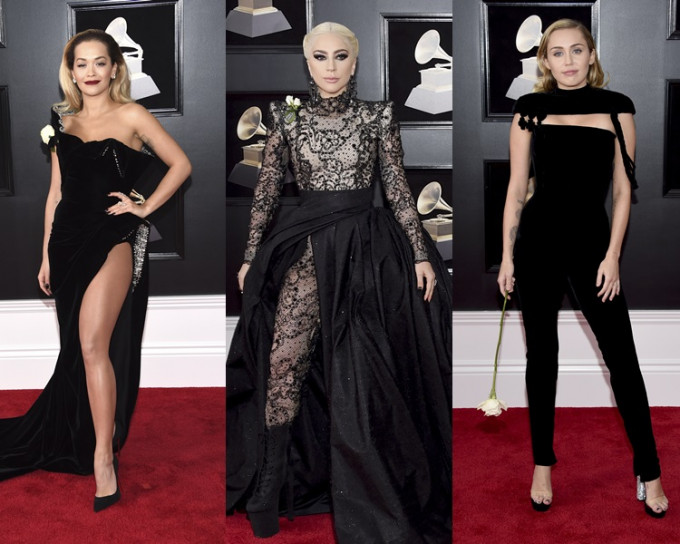 Rita Ora、Lady Gaga、Miley Cyrus以黑Look撑反职场性侵运动。（AP）