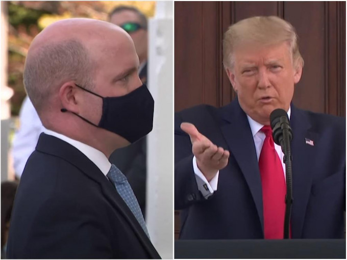特朗普在白宫主持记者会时，要求一名路透社记者脱下口罩。影片截图