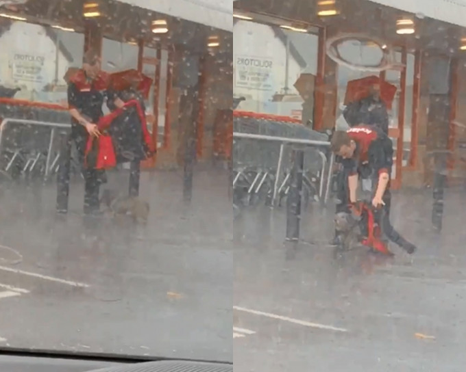 超市职员，不忍心小狗被主人绑在店外淋雨，故此冒雨为小狗披上自己的外套。网上截图