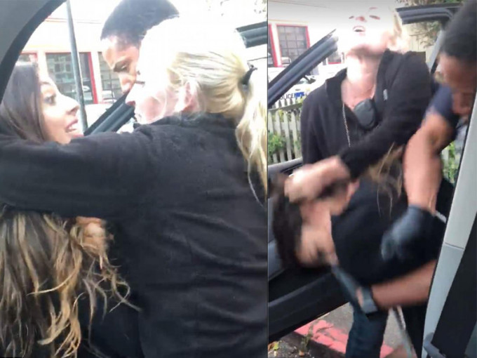 美國加州20歲女子與女警發生爭執，被強拉出車外，互扯頭髮。（網圖）