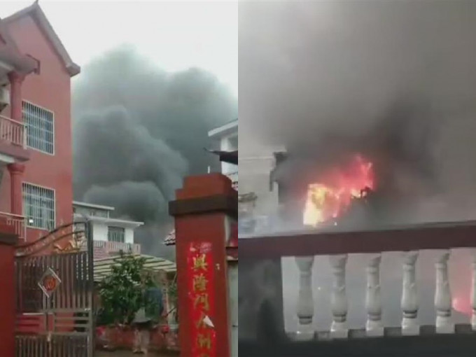 江西吉安一架直升机于今午坠毁，击中民居引致起火。网图