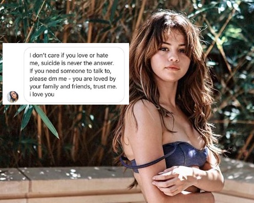 Selena Gomez疑主动送暖，鼓励意图轻生的网民。