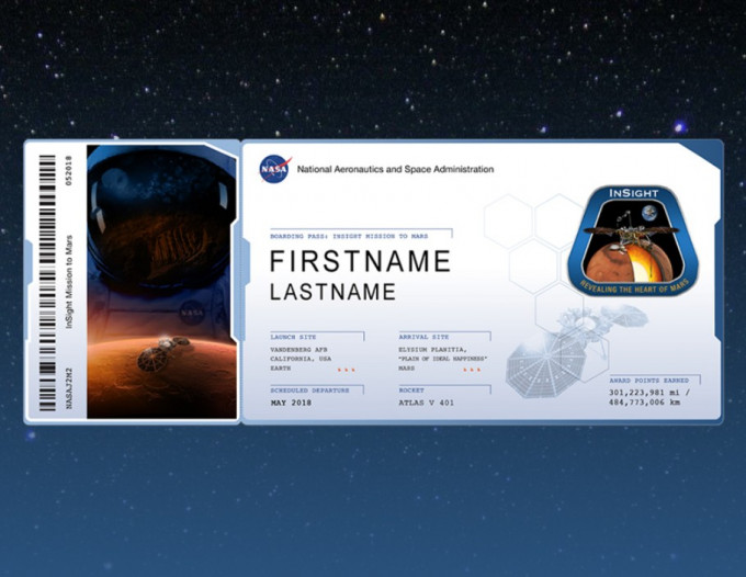 参加者可在网站上提交名字、国籍后将得到一张电子「登机证」。NASA