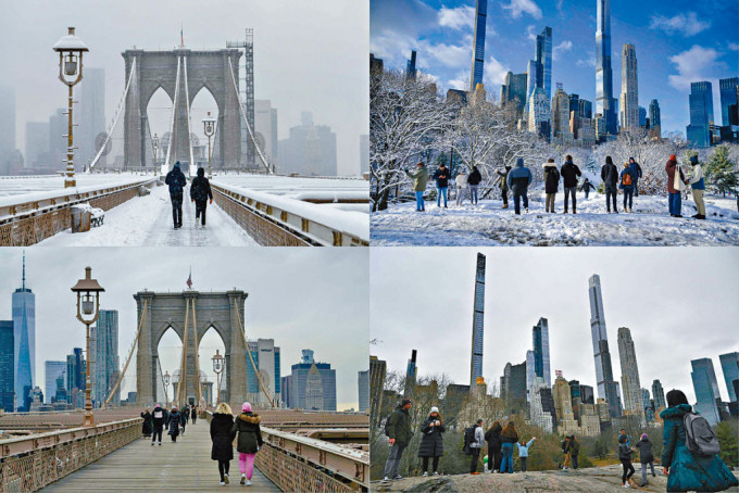 紐約市布魯克林大橋(左)與中央公園(右)，去年一月大雪但今年無雪。