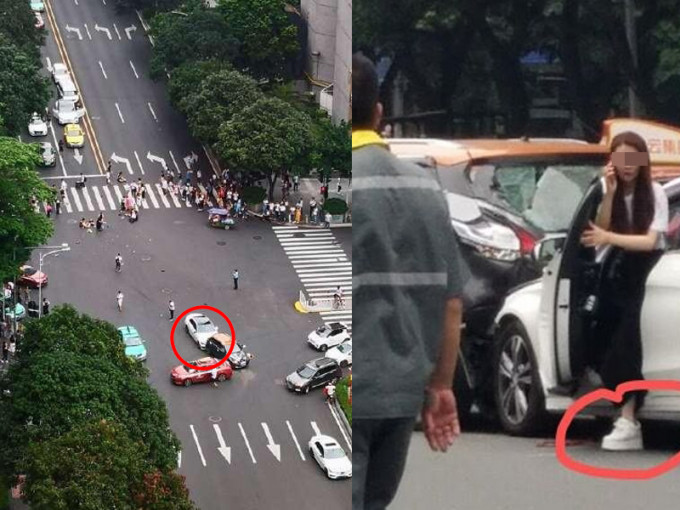 广州发生严重车祸，一辆白色车在等红灯时突然启动，闯红灯撞飞行人，并撞上两辆汽车。（左）。网传涉事女司机（右）。（网图）