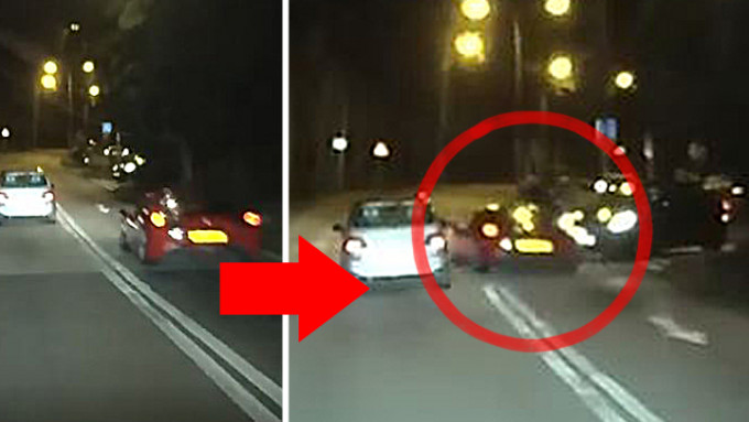 一辆红色私家车多次横过双白线，逆线超车，险酿成意外。(影片截图)
