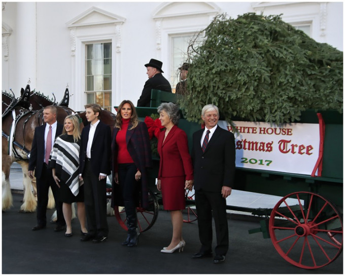 梅拉尼婭與巴倫在白宮迎接聖誕樹。 AP