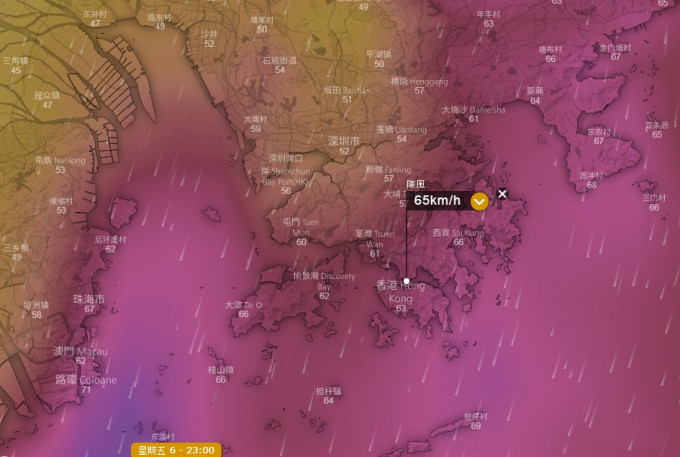 歐洲中期預報（EC）預測明晚本港最高陣風超過60公里。網上圖片