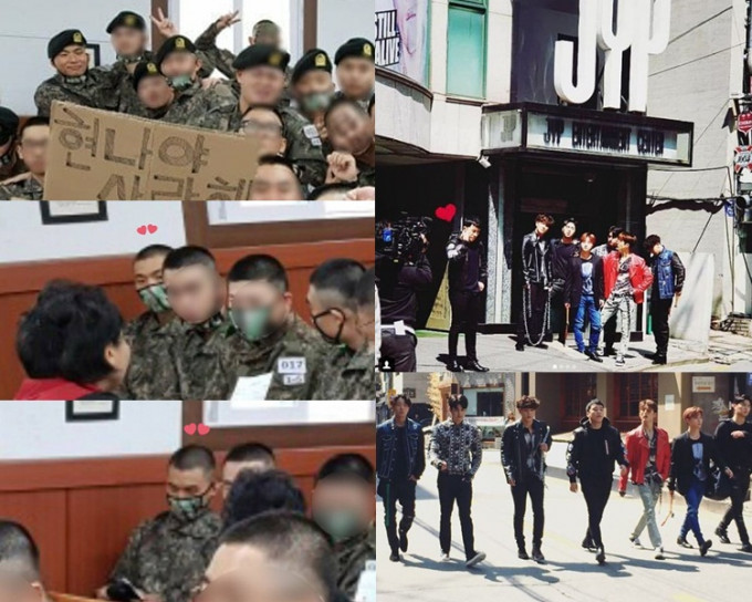 大声的照片虽不太清楚，但粉丝终于能见到他新兵照始终感动；胜利同iKON于JYP大楼外拍摄。