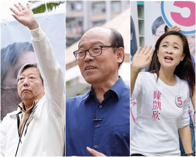 右起：陈凯欣、冯检基、李卓人在投票日前夕向选民拉票。