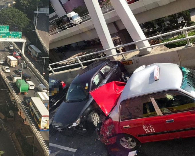 一輛的士被撞至撞毀。香港突發事故報料區