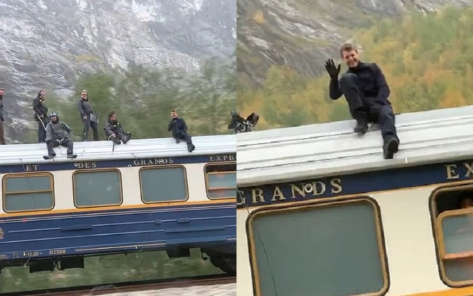 靚佬湯在挪威拍攝《職7》，於高速行駛的火車頂上向粉絲揮手。