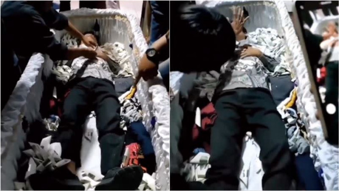 一名躺卧在棺材中的印尼中年男子，突然被亲友发现尚有呼吸「死而复生」，惹来热议。（影片截图）
