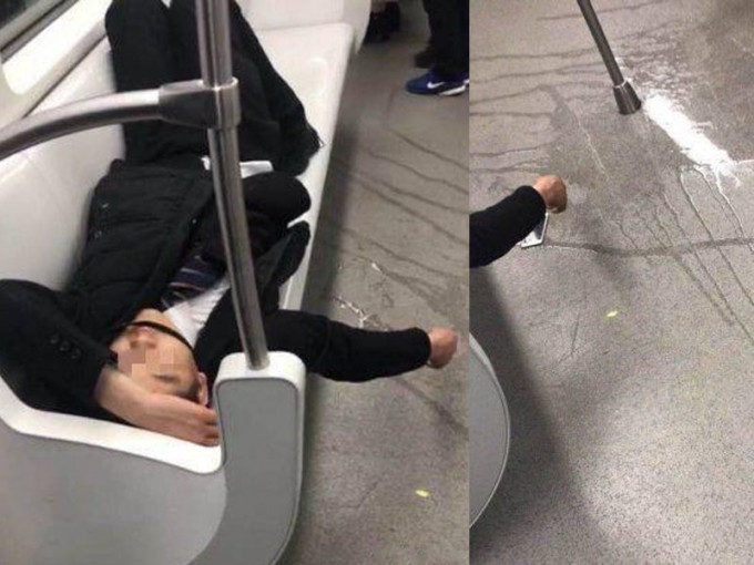 男子地鐵上當眾脫褲便溺後睡着。（網圖）