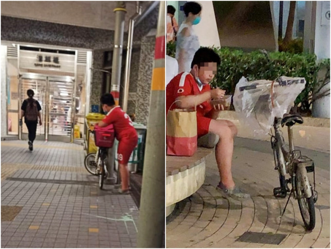 一名男童从一辆单车上的外卖保温袋内取走餐点，并随即在路边开餐。网民「王朝」图片