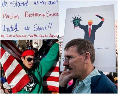 反特朗普入境新政抗议不断。（左）《明镜周刊》封面惹争议。（右）AP