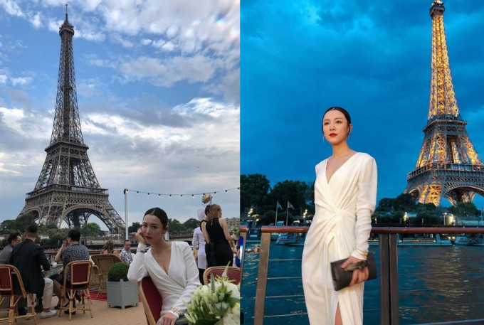 Venus近日為品牌遠赴法國拍攝，她穿上白色低胸開釵裙，性感得來又不失高雅。