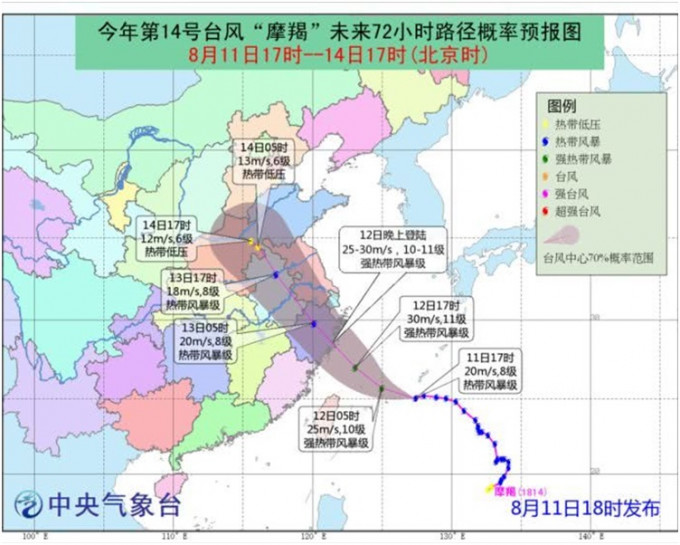 「摩羯」預料今晚將登陸浙江沿海。圖：中央氣象台