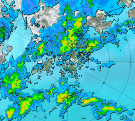 今午12時45分，雷達圖看見雲雨帶影響香港。