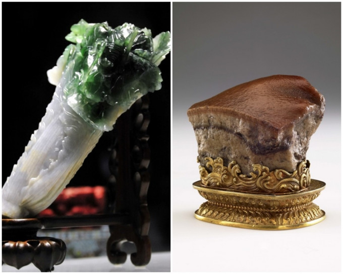 翠玉白菜(左)和肉形石(右)。台北故宮圖片