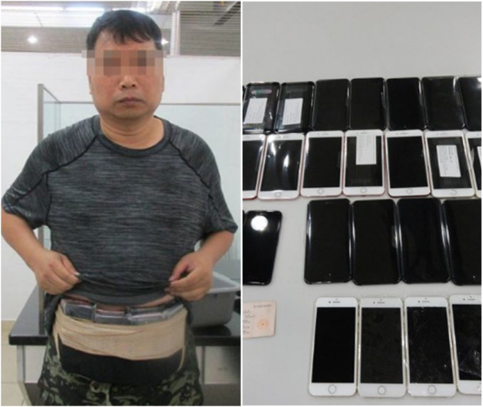 其中一名香港男子用束腰帶收藏手機；搜出的98部iPhone。網上圖片