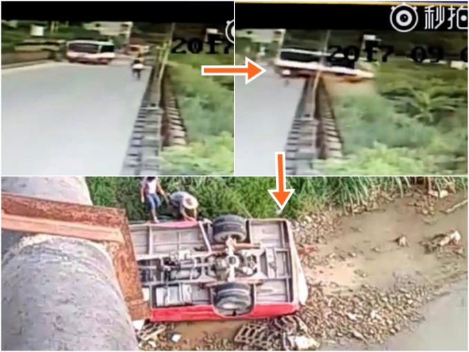 视频显示，肇事巴士几乎成90度冲向桥栏，冲出桥外。