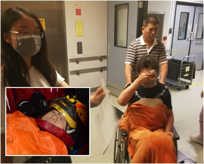 47岁姓陈姓女伤者（坐轮椅）由亲友接出院返回深圳。小图为获救时在担架上的陈女。